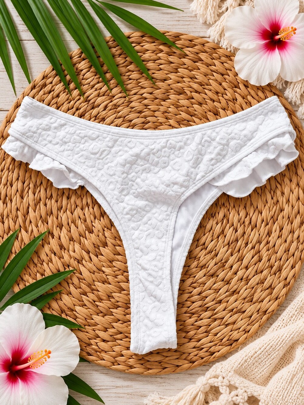 White Textured Leopard Ruffle Cheeky Bikini Bottom Size L